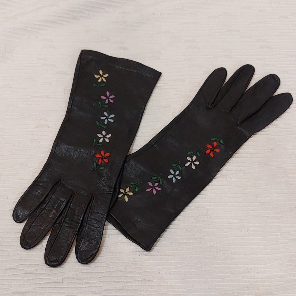 Vintage Black Leather Gloves with Multicolor Floral Accents